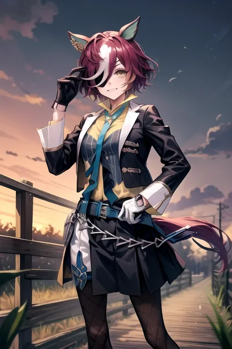 best quality, Tanino Gimlet, Hair on one eye, Eye patch, Horse tail, Black jacket, Yellow Shirt, tie, The left and right gloves are different, Black gloves, White gloves, skirt, Fishnet pantyhose,1gril,evil smile,Farm,broken wooden fence