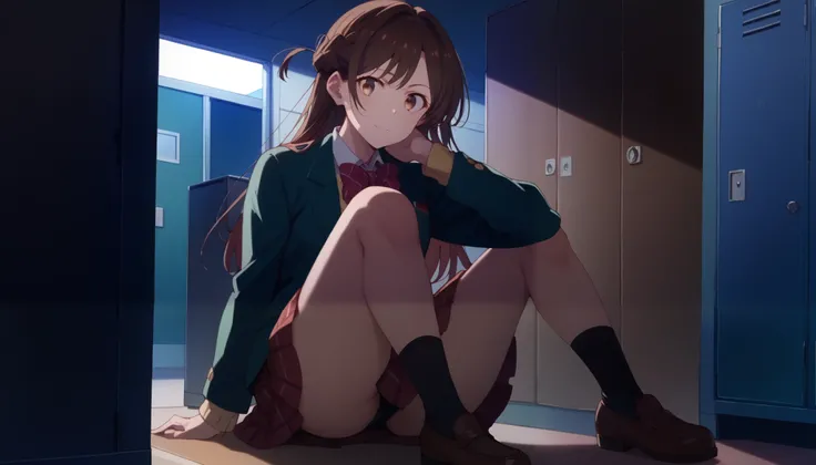 , stares at the viewer, Alone, Chizuru Ichinose, 1 girl, brown hair, long hair, French Braid , brown eyes,  school uniform , green jacket, yellow sweater , bow tie,  plaid skirt that breaks small breasts, red skirt,  Black Sox,  indoors, locker,  window_,n...