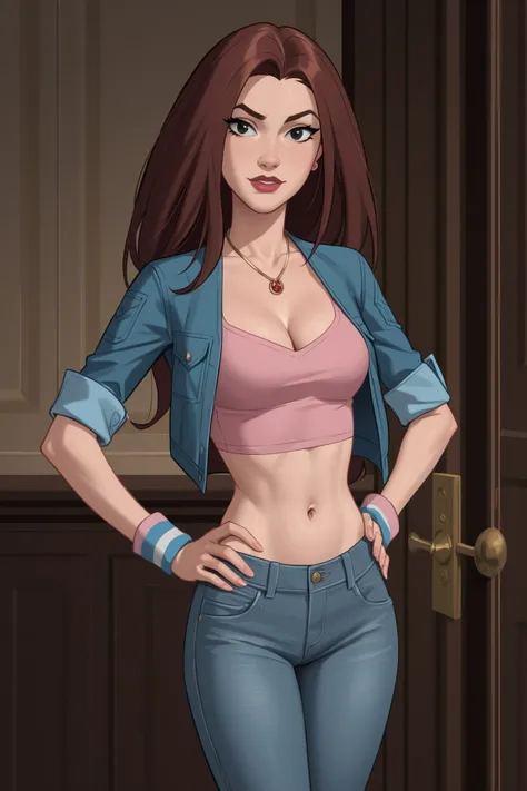 PonyXLV6_Scores BREAK (parody, animification, flat color, perfect anatomy, perfect eyes, absurd resolution) BREAK kitty pryde, brown hair, long hair, black eyes, lipstick, flirting, raised eyebrow, ((looking at viewer)), denim jacket, necklace, cleavage, p...