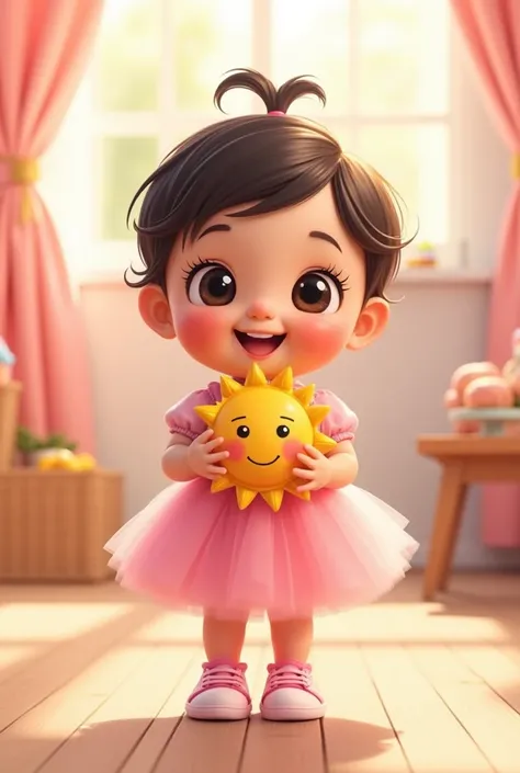 Create a real illustration of a smiling 10-month-old baby,  with shiny black eyes , thin dark brown hair,, wearing pink tulle dress and pink sneakers,  holding a toy sun in a full-bodied birthday party room