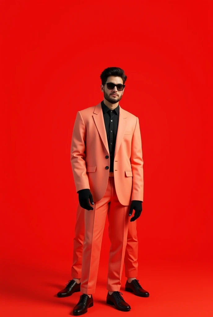 21 years old Pakistani boy wearing black glasses and gloves and three peach suits with red background 