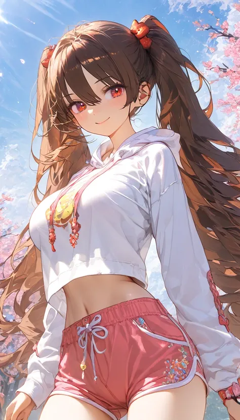 A young woman in a white hoodie, pink shorts, and bare feet, , intricate floral patterns in the background, (best quality,4k,8k,highres,masterpiece:1.2),ultra-detailed, intricate details,natural lighting, concept art style, hutao, long hair, bangs, brown h...