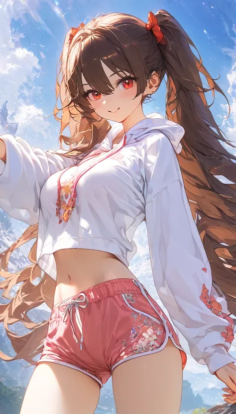 A young woman in a white hoodie, pink shorts, and bare feet, , intricate floral patterns in the background, (best quality,4k,8k,highres,masterpiece:1.2),ultra-detailed, intricate details,natural lighting, concept art style, hutao, long hair, bangs, brown h...