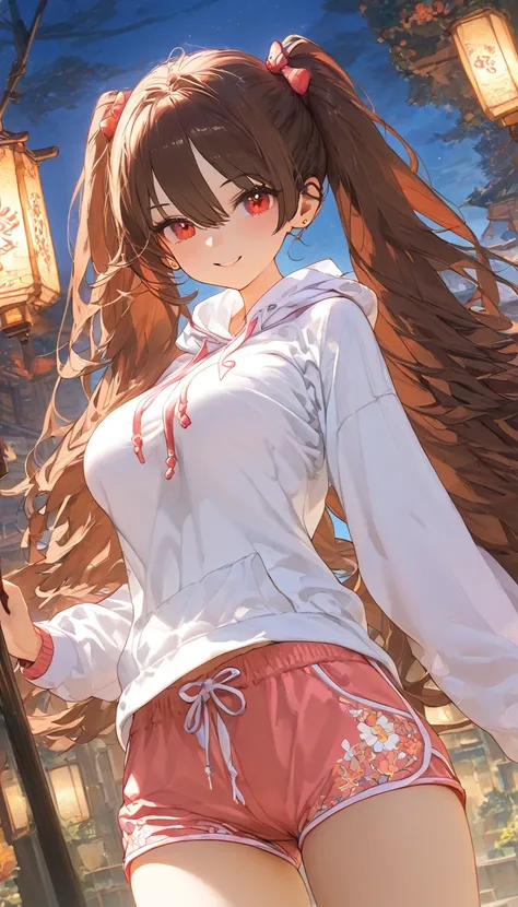 A young woman in a white hoodie, pink shorts, and bare feet, , intricate floral patterns in the background, (best quality,4k,8k,highres,masterpiece:1.2),ultra-detailed, intricate details,natural lighting, concept art style, hutao, long hair, bangs, brown h...