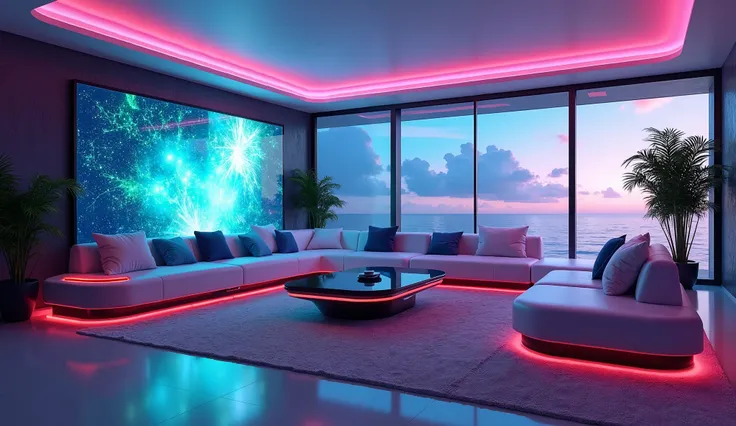  "Create a futuristic living room with neon lights, futuristic furniture, and an interactive wall."
