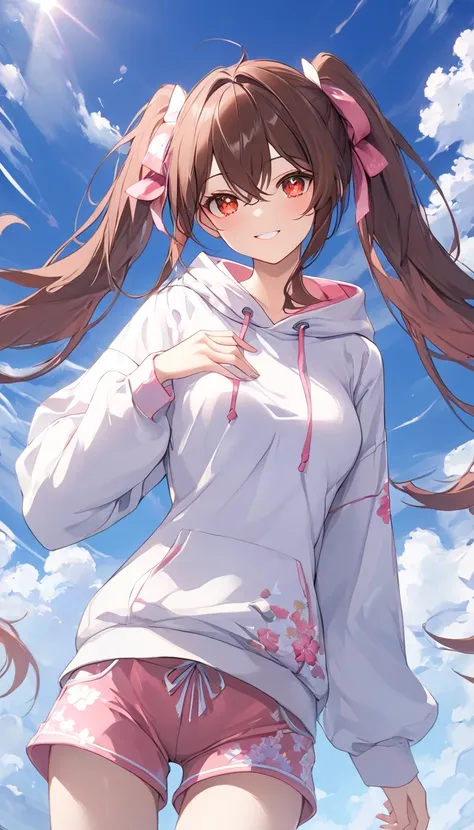 A young woman in a white hoodie, pink shorts, and bare feet, , intricate floral patterns in the background, (best quality,4k,8k,highres,masterpiece:1.2),ultra-detailed, intricate details,natural lighting, concept art style, hutao, long hair, bangs, brown h...