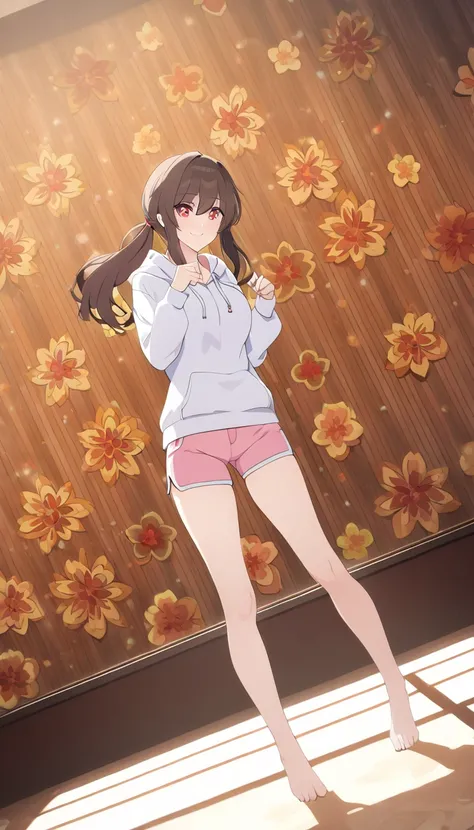 A young woman in a white hoodie, pink shorts, and bare feet, , intricate floral patterns in the background, (best quality,4k,8k,highres,masterpiece:1.2),ultra-detailed, intricate details,natural lighting, concept art style, hutao, long hair, bangs, brown h...