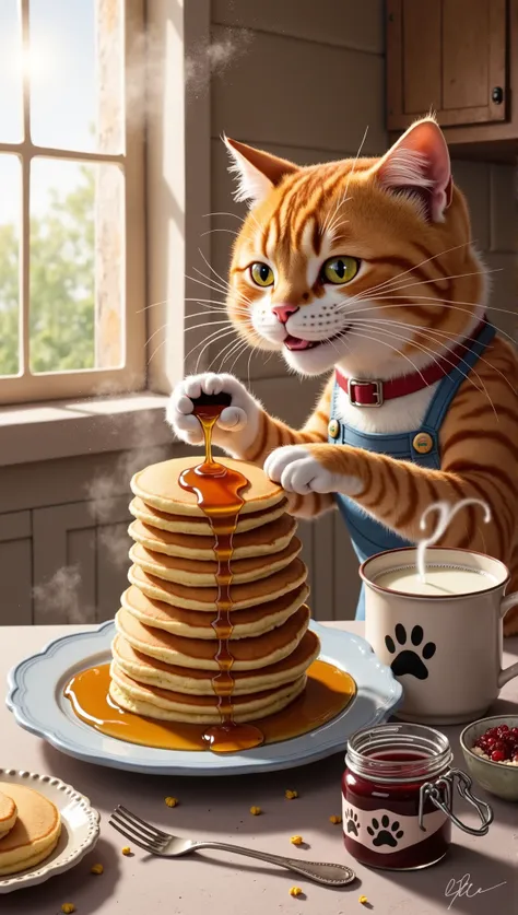 4. "The rustic kitchen smells of warm maple syrup as orange tabby cat stacks golden pancakes on a plate. He carefully drizzles syrup over them, his whiskers twitching in delight. A steaming cup of milk sits beside the plate, and a little jam jar with a paw...