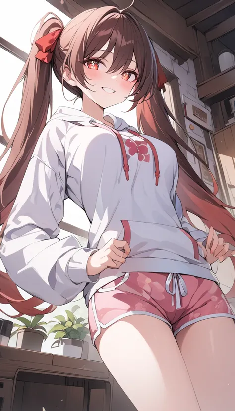 A young woman in a white hoodie, pink shorts, and bare feet, , intricate floral patterns in the background, (best quality,4k,8k,highres,masterpiece:1.2),ultra-detailed, intricate details,natural lighting, concept art style, hutao, long hair, bangs, brown h...