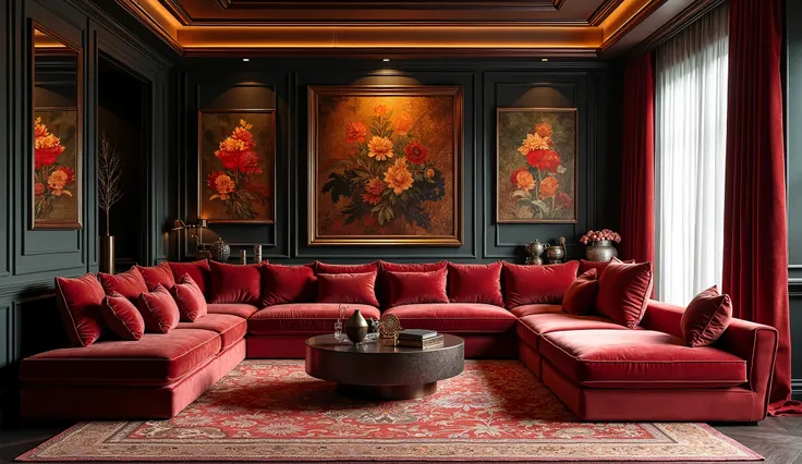  "Design a luxurious living room with a velvet sectional sofa, dark wood furniture, and artistic paintings on the wall."
