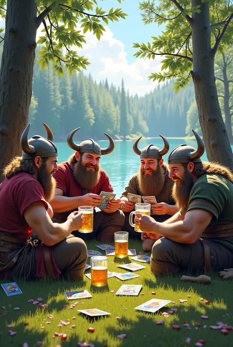 lots of Vikings in a Swedish clearing drinking beer and playing with Pokemon cards