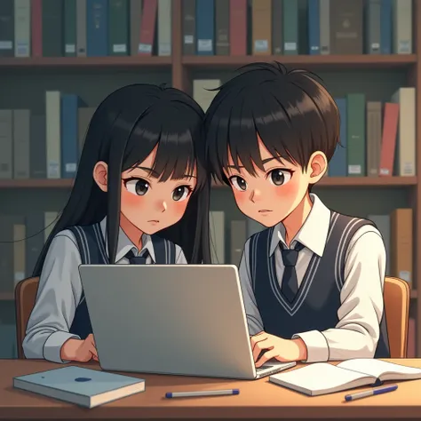 i want a image where a girl and boy are studing using a laptop seriously wearing the school uniform