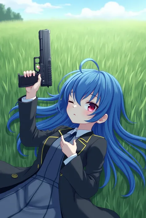 Anime girl with blue hair holding a gun and wearing a coat, Blue Archive,I'm lying in a field with a closed eye , suit, long hair