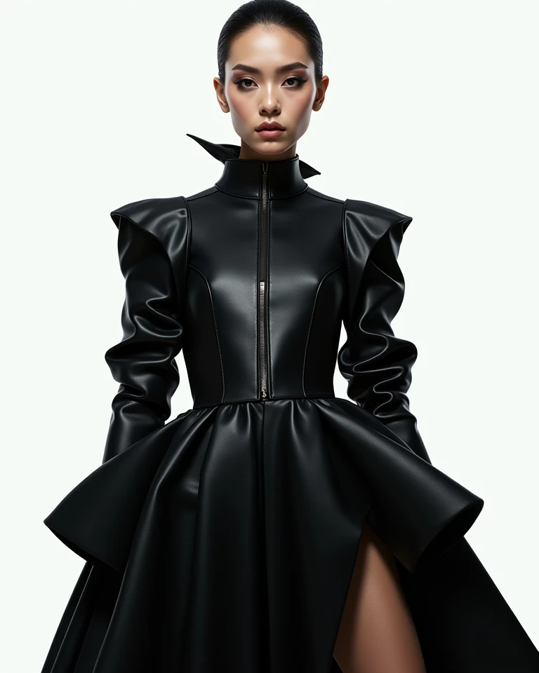 Real image of a female model posing in an elegant black dress in the style of Balenciaga and Lady Gaga on a white background.