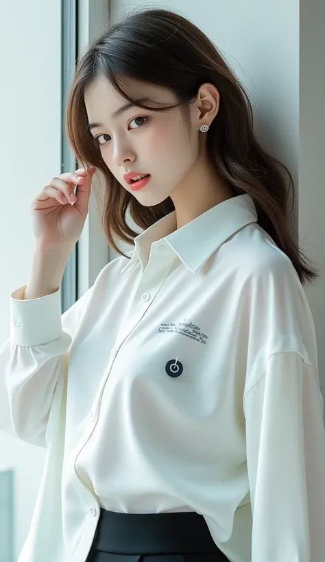 In the image, there is a Korea girl who exudes confidence and poise. She is positioned in a three-quarter view, her torso turned to the side, her gaze directed downwards. Her left hand is slightly raised, touching the side of her head, while her right hand...