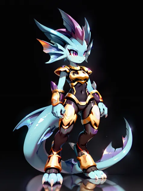 Anime, ((anime style)), solo drawing, solo, ((Three-Quarter view)), ((Solid Black Background)), ((vivid purple eyes)), ((draconic ear fins)), ((head fin)), ((tall figure)), ((standing with arms folded)), ((digitigrade legs)), ((digitigrade feet)), ((highly...