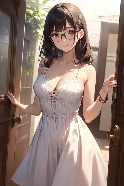 (( top quality)), ((傑 top quality、 Masterpiece、High sensitivity、 high resolution、 detailed depiction of up to the front door、 delicate face with a playful smile))Slender Woman、Glasses、The dress is chocolate、 Valentine's Day、Candy House、