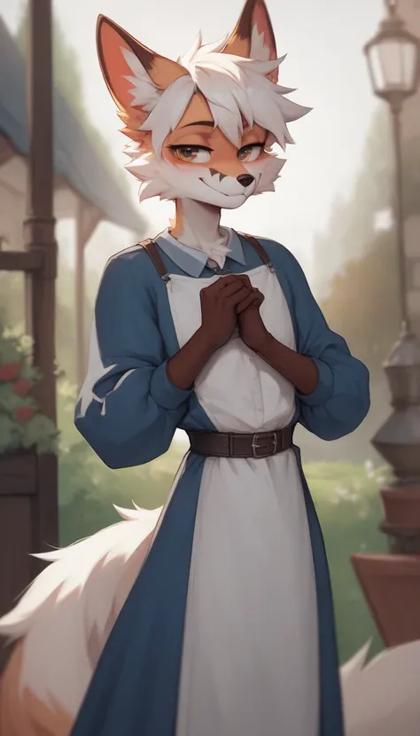     best quality  ,     very detailed illustration   ,( Anthropomorphic fluffy fox boy :1,7), white fur,  tousled fluffy hair  ,    cunning look,  a femboy ,  slim,     perfect body  , Cute,  smug , Medieval clothing, playful