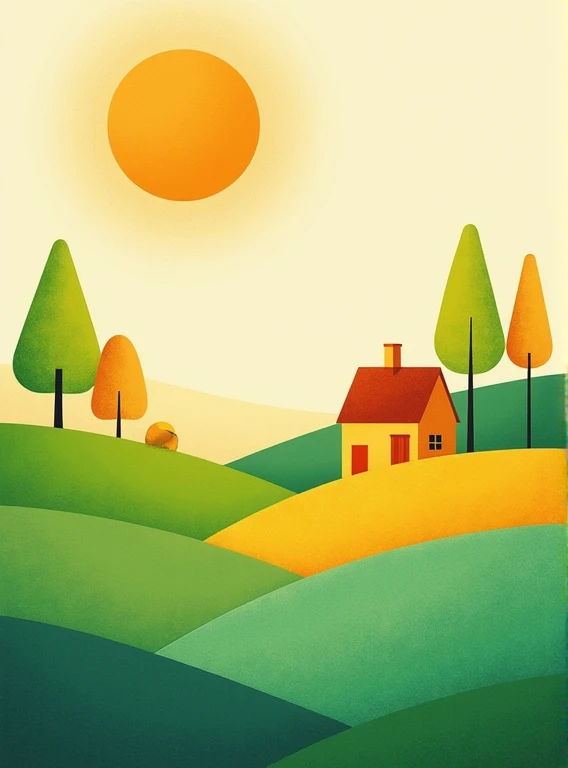  Lisa Larson style    、 how to draw a landscape by arranging a circle  、  Pop art illustration and style   、     Cute　 General Atmosphere       、    A pop and colorful meadow illustration with a bright yellow-green gradient. , There is an orange house 、  F...