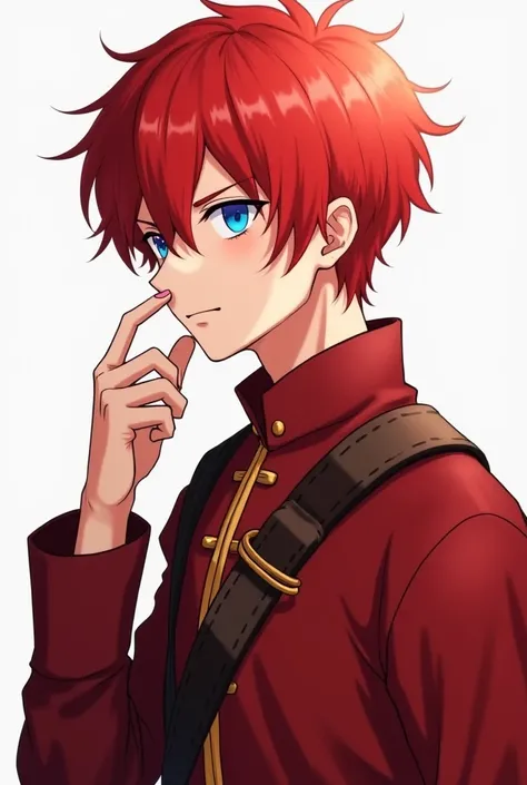  The guy with red hair , but one strand is white, make a curtain hairstyle ,  thoughtful pose ,  blue eyes ,  medieval red clothes, leather shoulder pad on one shoulder, make minimalism in anime style,