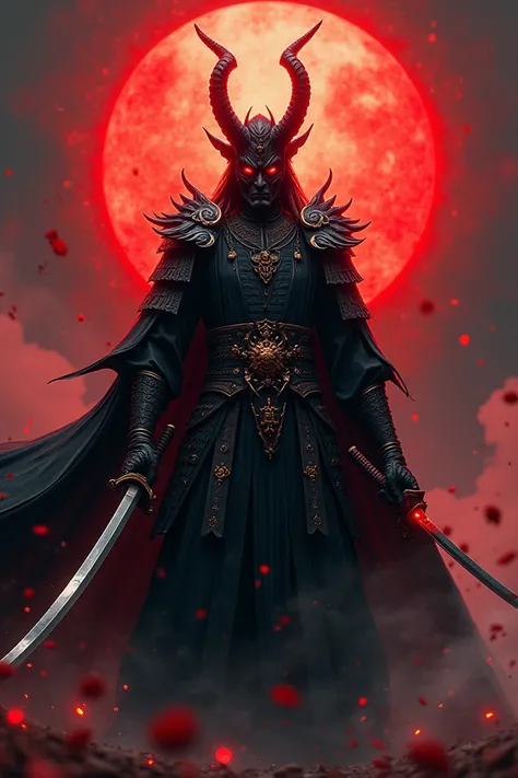 A Japanese demon king of the genre, a powerful and cruel, with a red and black halo around his body, holding a Samurai sword with a blade in his right hand, with a sharp, shiny metal finish and a sophisticated light-spreading transmission.
Gold, delicately...