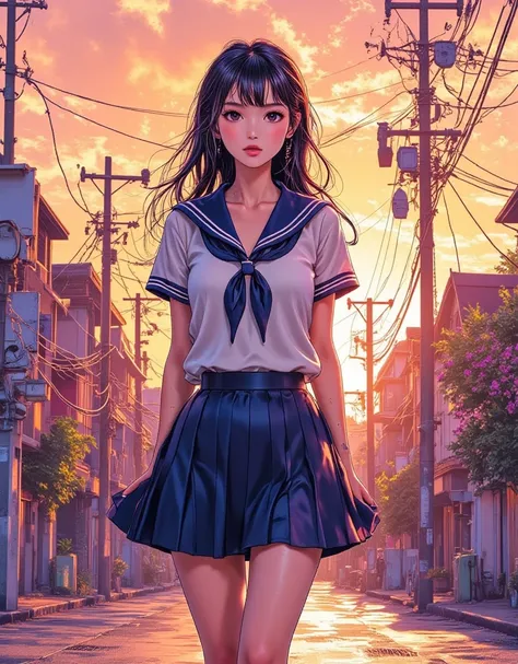 masterpiece, concept art, A beautiful 18-year-old girl in a school uniform skirt, smile face, a painting of (electric poles:1.5) in a city street at sunset, telephone wires, gta art, warm sundown, beautiful iwakura, toon aesthetic, colorful house, connecti...