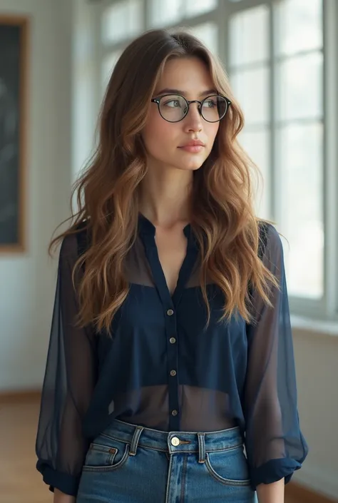 A teacher with long wavy light brown hair, glasses, transparent, dark blue blouse with a collar and jeans 