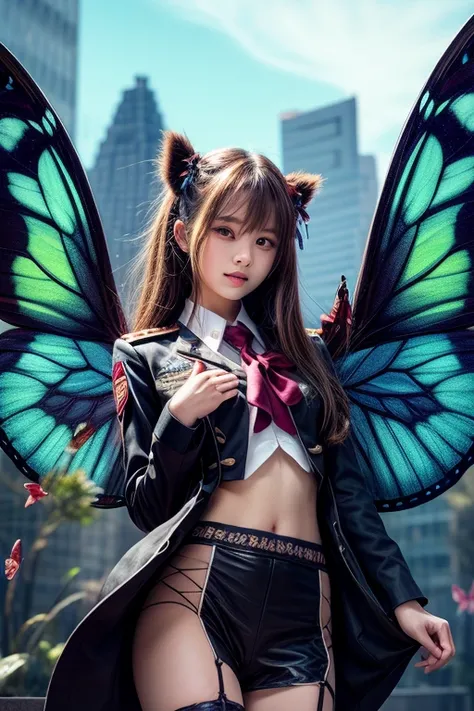  please , Draw a beautiful girl in uniform and butterfly wings that look like colored glass。