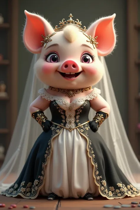 photorealistic portrait of Dressed animals - a ((fat)) [chibi] (baby pig) bride,(art by Giuseppe Arcimboldo),(happy smile:1.5),(furry), high quality,(lovely) ,intricate details, highly detailed (gothic wedding dress)),wearing opera globes and shoes,wearing...