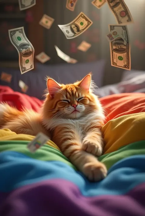 A cat lying on a bed in the colors of the LGBTQ flag raining down with bills 