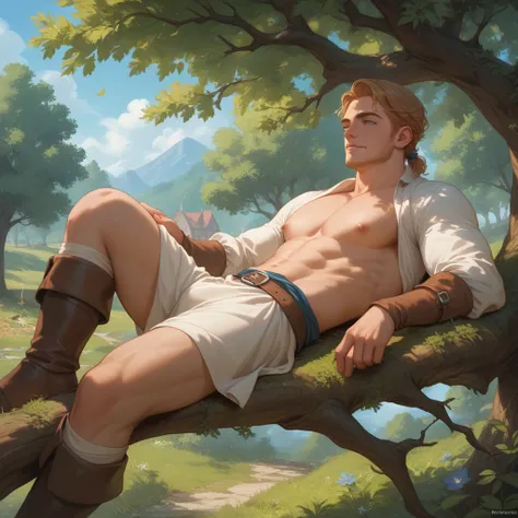 Medieval. Male character. Dacre Montgomery. lying on top of a tree. Resting on a branch.