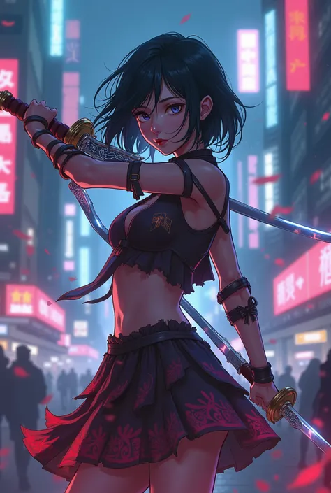 Cyberpunk style anime beautiful girl with double swords