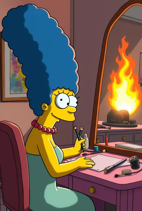 Marge Simpson is doing her makeup on her vanity she is looking the opposite direction of a straightener that is on fire fro plugged in too long behind her on another desk