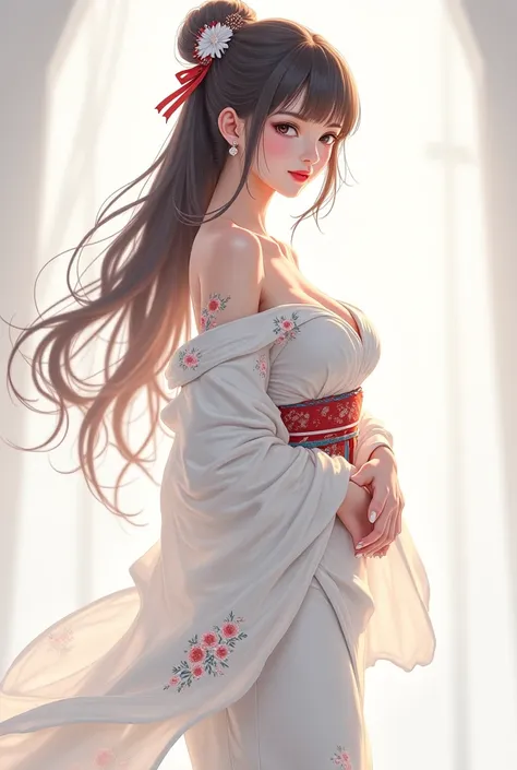 Anime girl in white kimono with big breasts 8k