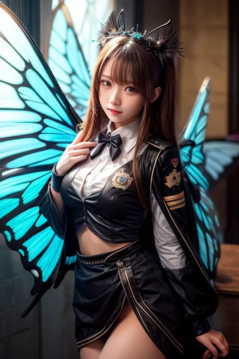  please , Draw a beautiful girl in uniform and butterfly wings that look like colored glass。