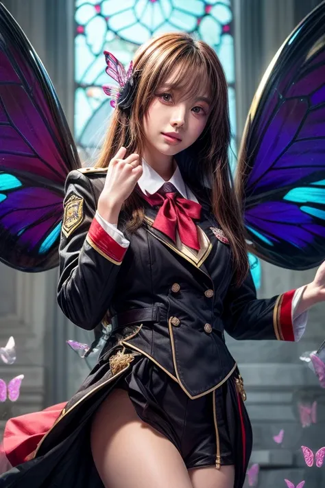  please , Draw a beautiful girl in uniform and butterfly wings that look like colored glass。