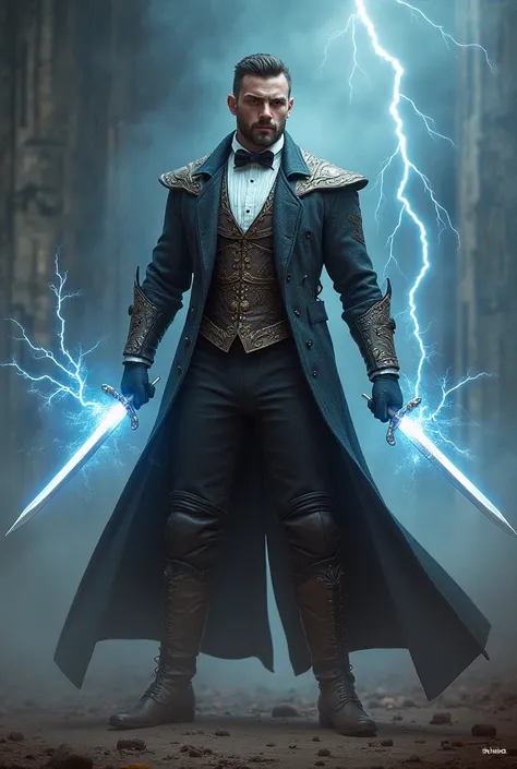   handsome man , tall and strong with a short beard , dressed in armor,  dressed in a Victorian-style suit with gray tie underneath, wielding two swords wrapped in lightning in combat pose