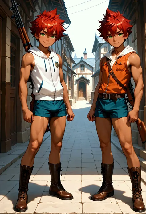 1boy, shota, muscular, dark copper tan skin, solo, red hair, short spiked hair, (white sleeveless jacket with pocket:1.5), body belt, short pants, green eyes, sling a rifle in front of chest, town stone street, lower buildings, standing on the street, smil...