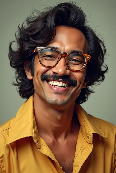 a malay man, 1970s style, thick curly hair combed to the side, sideburns. thick mustache, 70s style glasses,long slevee shirt,  big collar . smiling.