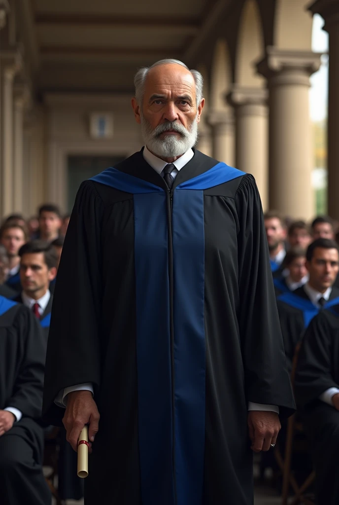 Create an image of Freud graduating from college with BLACK BECA AND BLUE STRIPE