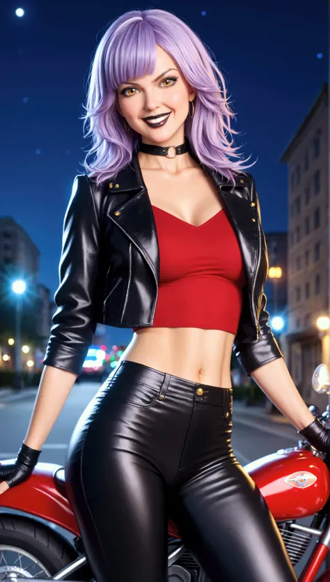 1 ,    masterpiece,    High quality,   ultra realistic, silky hair,  purple hair, Happy hair ,  yellow eyes , an illegal biker , ,  black open leather jacket ,  red blouse underneath ,  tight leather pants ,  choker ,  fingerless leather gloves , Black Lip...