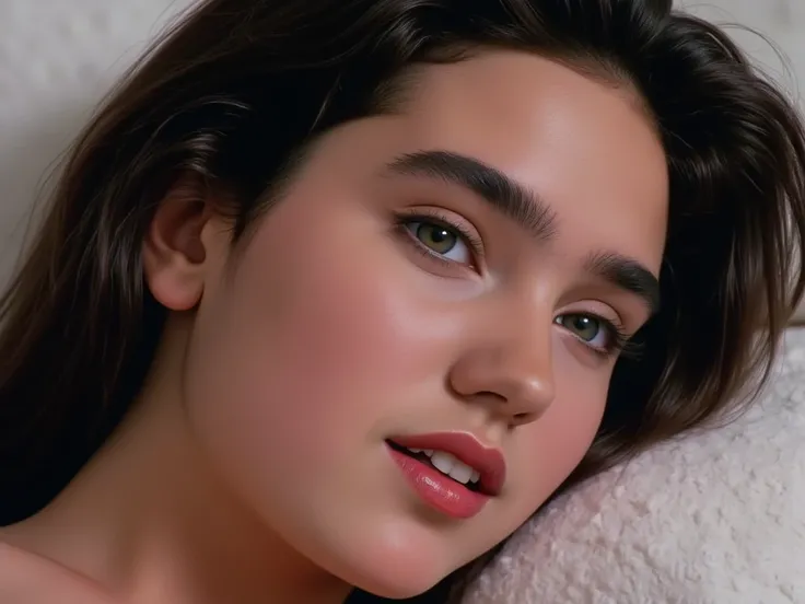  Software, The image is a high-resolution photograph featuring a age girl Jennifer Connelly like々Shii ly succulent  white skin and long straight dark hair,  emphasizes her striking natural beauty . ,  bright close-up of Jennifer Connelly , (横顔は美Shii), (She...