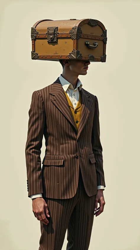 A man wearing a vintage treasure box on his head and match with the brown pinstripe blazer suit 