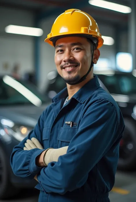 an Indonesian man looks forward with a smile wearing a car repairman's uniform, wearing a helmet, gloves and safety shoes looking forward and in the background the car is being repaired with a natural real atmosphere