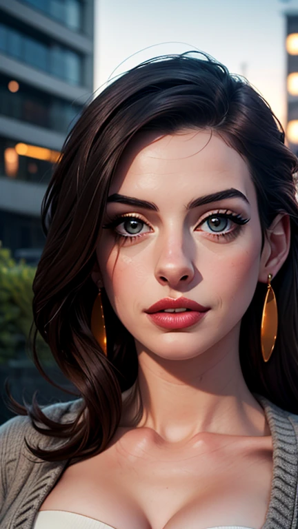 Anne Hathaway, a vision of loveliness in her mid-30s, exudes sultry sophistication. In a stunning close-up shot, her radiant face is bathed in soft daylight, her dark locks styled sleekly framing her features. Her gaze, direct and flirtatious, captures the...