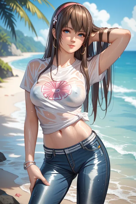 Sexy Hitomi de dead or alive,  long hair, breasts,  t-shirt,  skinny jeans,  on the beach,   blue eyes, pose sexy,  totally wet ,