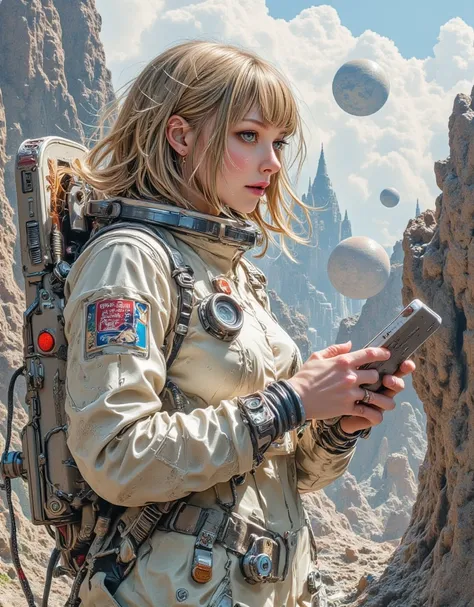 (highly detailed, realistic photo, realistic skin texture), 8K, A sexy woman dressed as a lightweight astronaut, bobbed hair, Holding a futuristic tablet, a curious look, Encounters with cute alien creatures, There's a lot of giant alien life around them, ...