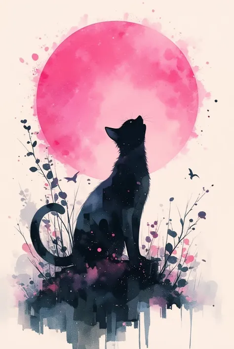 (masterpiece, best quality),(multiple exposure moon: 1.2),
watercolor print collage depicting,one black-cat,solo,cat howling at the pink-moon in the background,splash color, collage art, contemporary art,