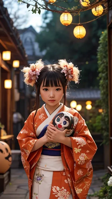 A realistic Japanese Daruma doll with a cute female face. Its body is white and adorned with delicate floral patterns. In the background, fairies are flying gracefully, creating a magical and enchanting atmosphere. The lighting is soft and dreamy, enhancin...