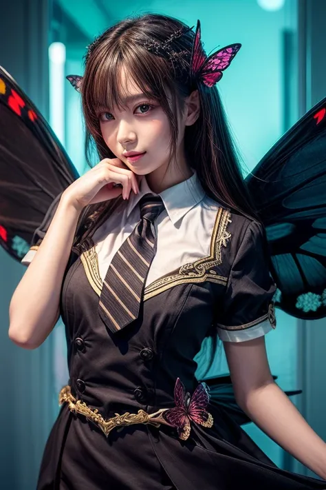  please , Draw a beautiful girl in uniform and butterfly wings that look like colored glass。